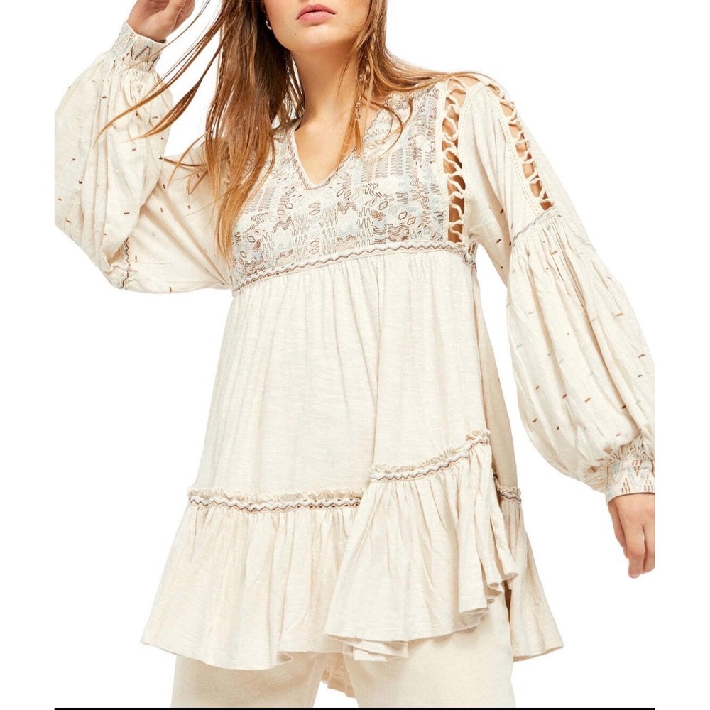Free People Much Love Tunic Top Women S Salt Beige Boho Embroidered Crochet New